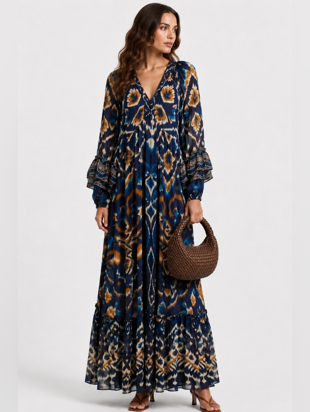 FARM Rio Printed Crepe de Chine Maxi Dress XXS NWT Boho Long Sleeve